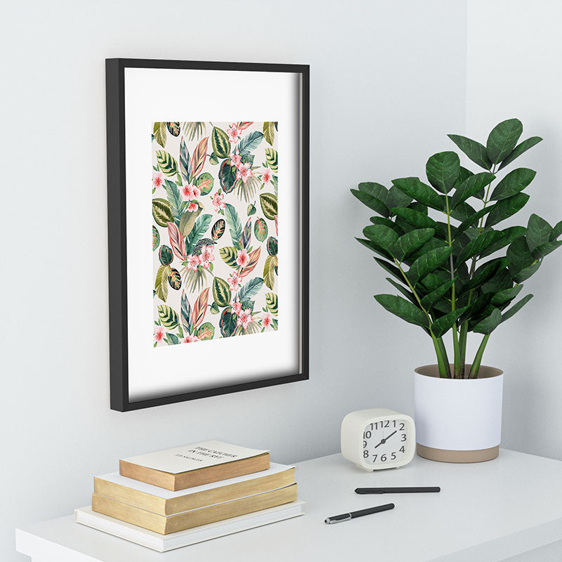 Ninola Design Botanic Retreat Tropical Leaves Flowers Pink Green Recessed Framing Rectangle