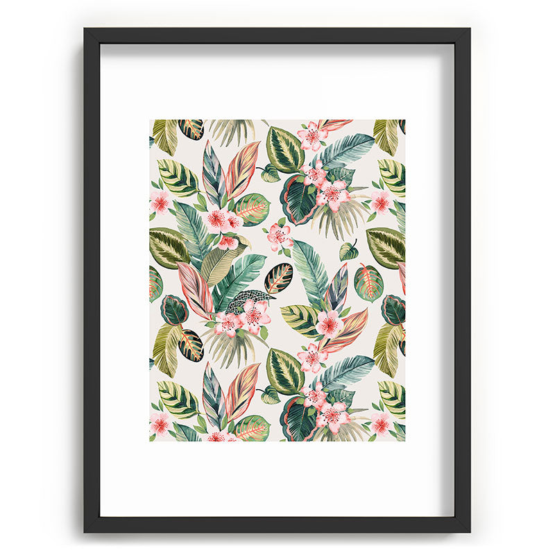 Ninola Design Botanic Retreat Tropical Leaves Flowers Pink Green Recessed Framing Rectangle