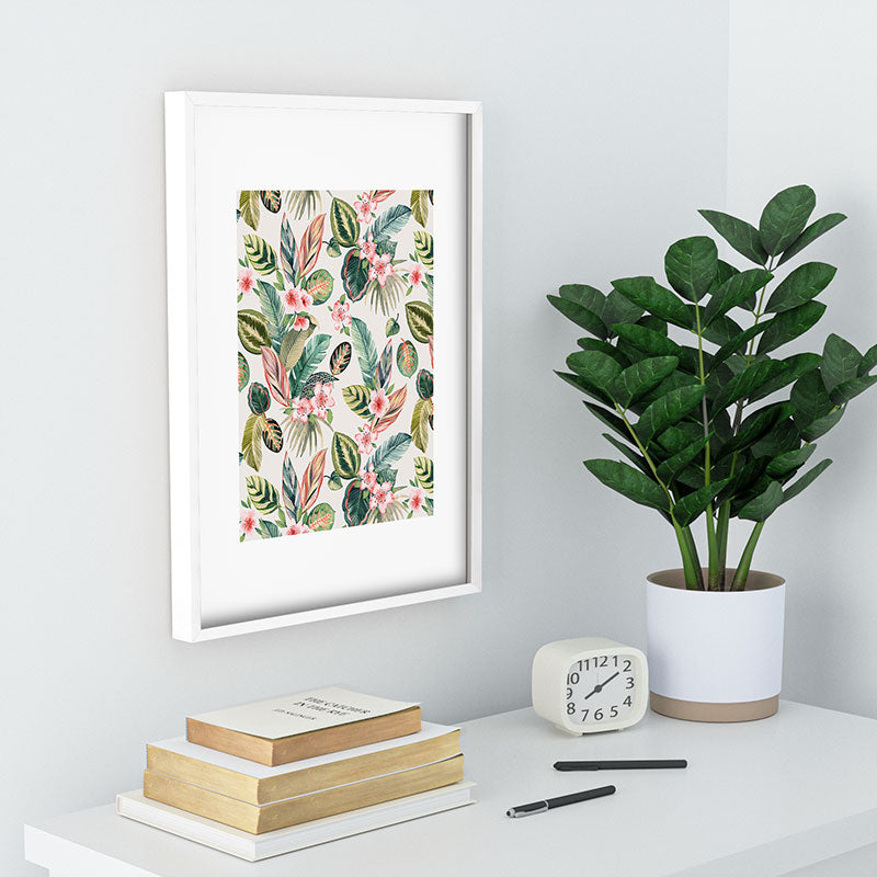 Ninola Design Botanic Retreat Tropical Leaves Flowers Pink Green Recessed Framing Rectangle