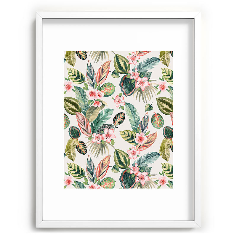 Ninola Design Botanic Retreat Tropical Leaves Flowers Pink Green Recessed Framing Rectangle