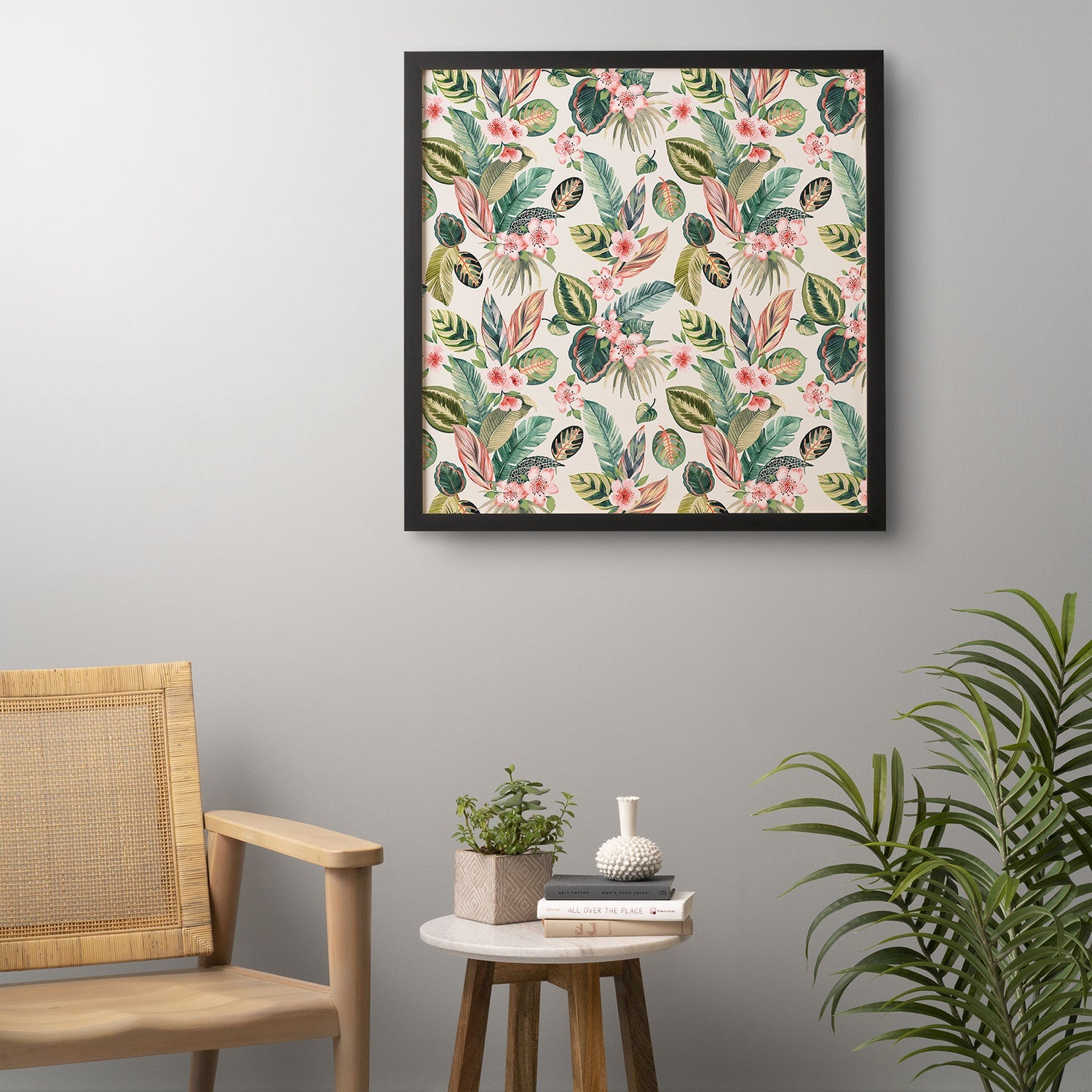 Ninola Design Botanic Retreat Tropical Leaves Flowers Pink Green Framed Wall Art