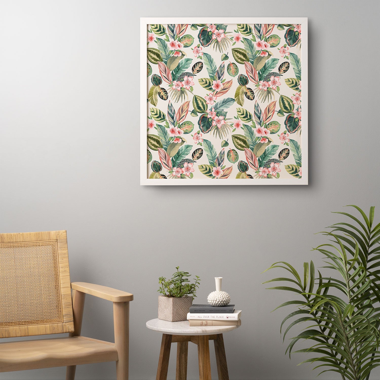 Ninola Design Botanic Retreat Tropical Leaves Flowers Pink Green Framed Wall Art