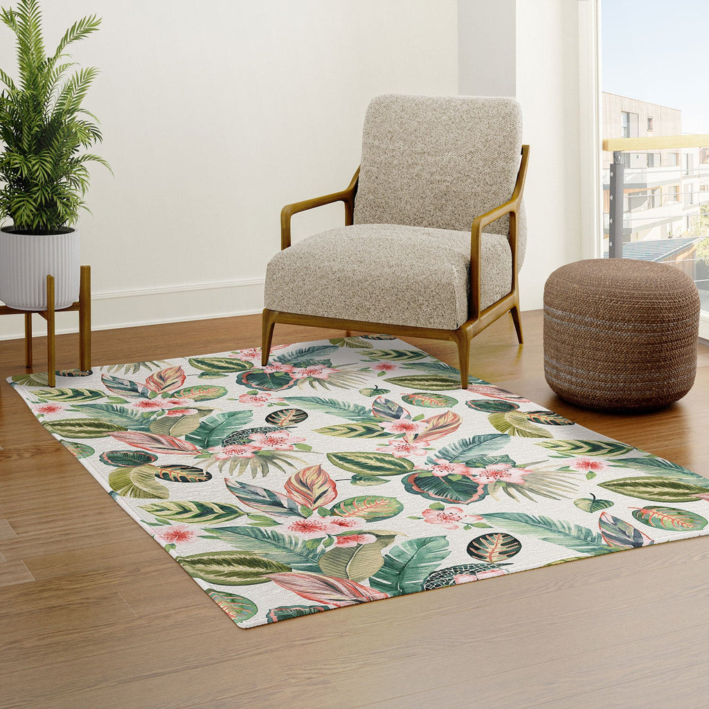 Ninola Design Botanic Retreat Tropical Leaves Flowers Pink Green Area Rug