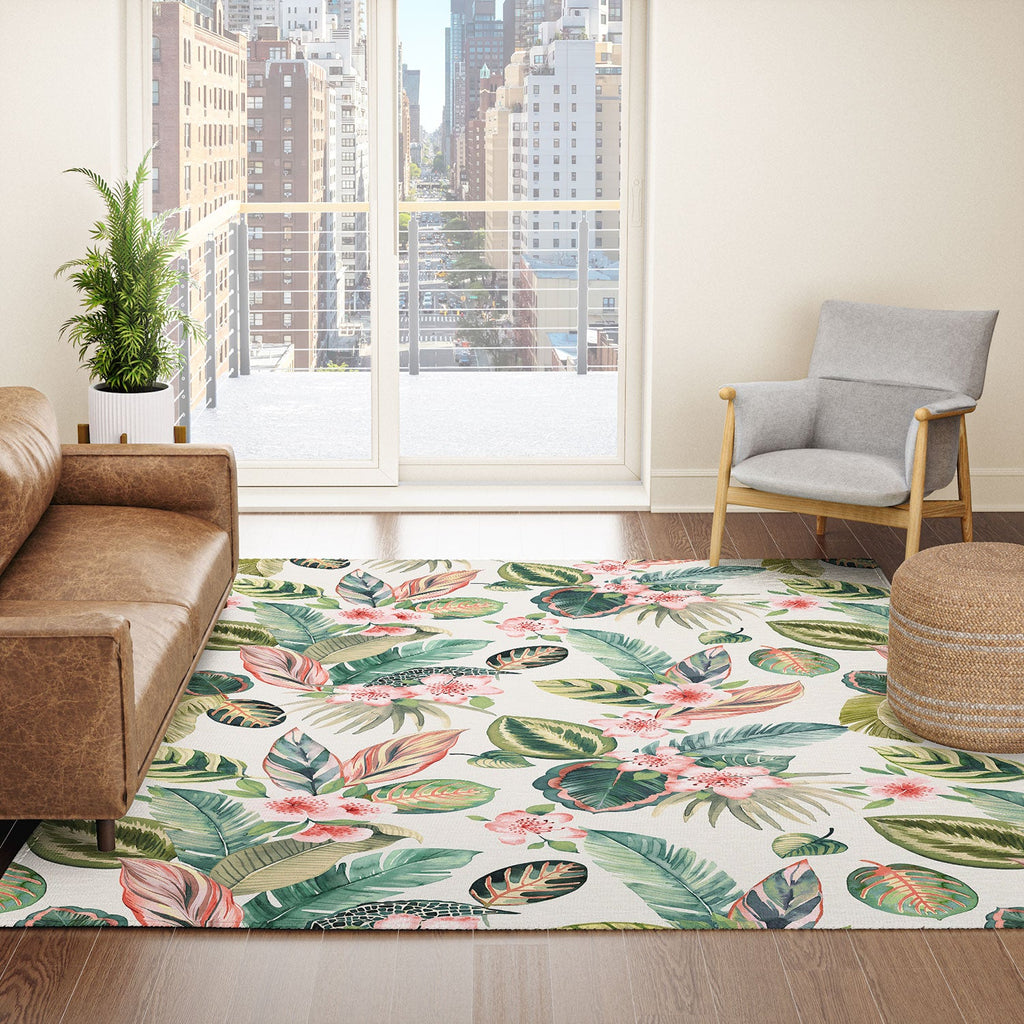 Ninola Design Botanic Retreat Tropical Leaves Flowers Pink Green Area Rug