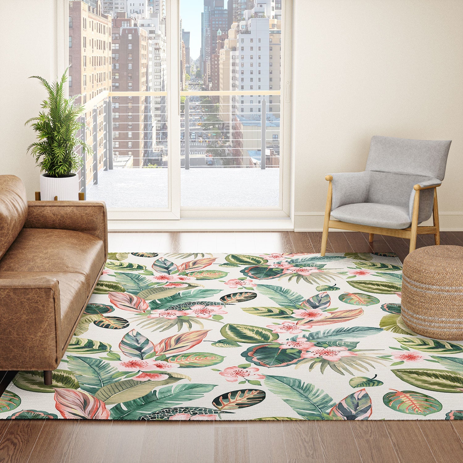 Ninola Design Botanic Retreat Tropical Leaves Flowers Pink Green Area Rug