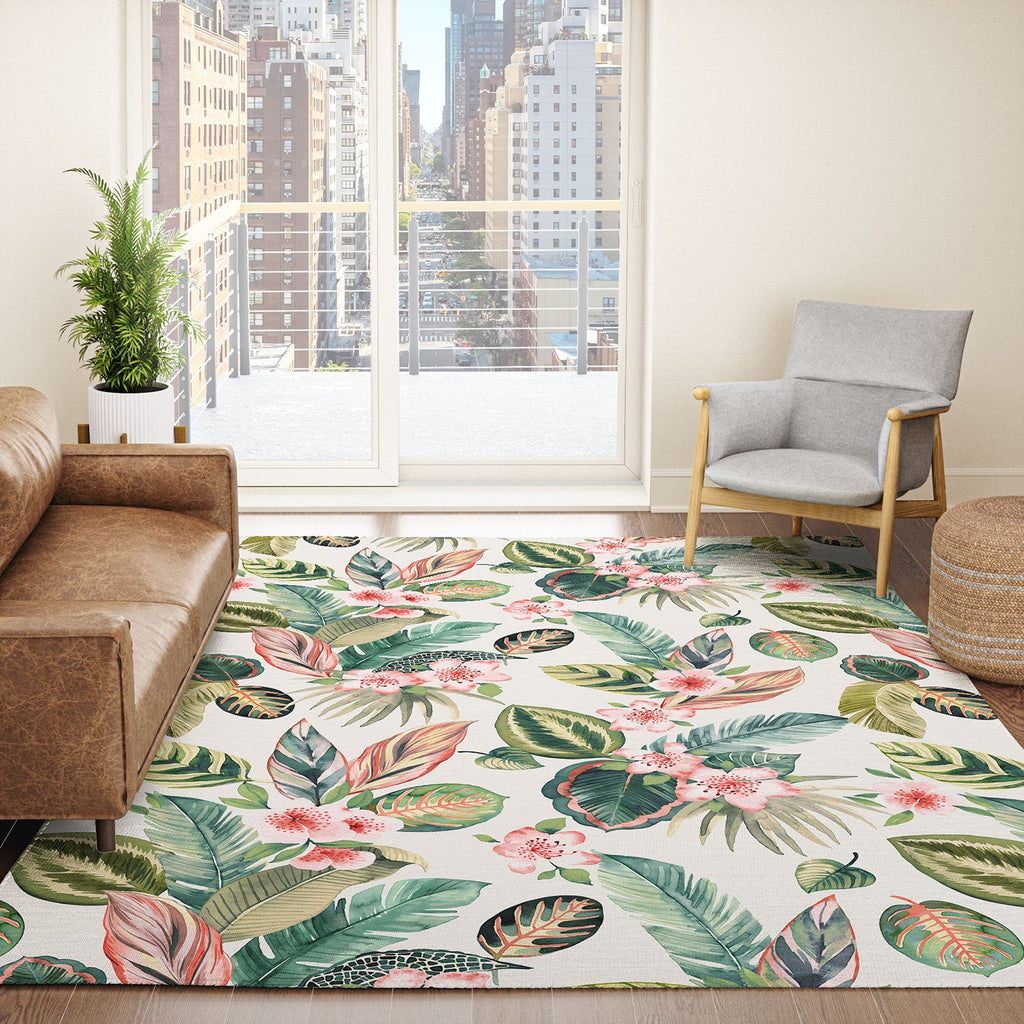 Ninola Design Botanic Retreat Tropical Leaves Flowers Pink Green Area Rug