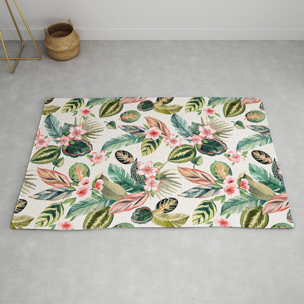 Ninola Design Botanic Retreat Tropical Leaves Flowers Pink Green Area Rug