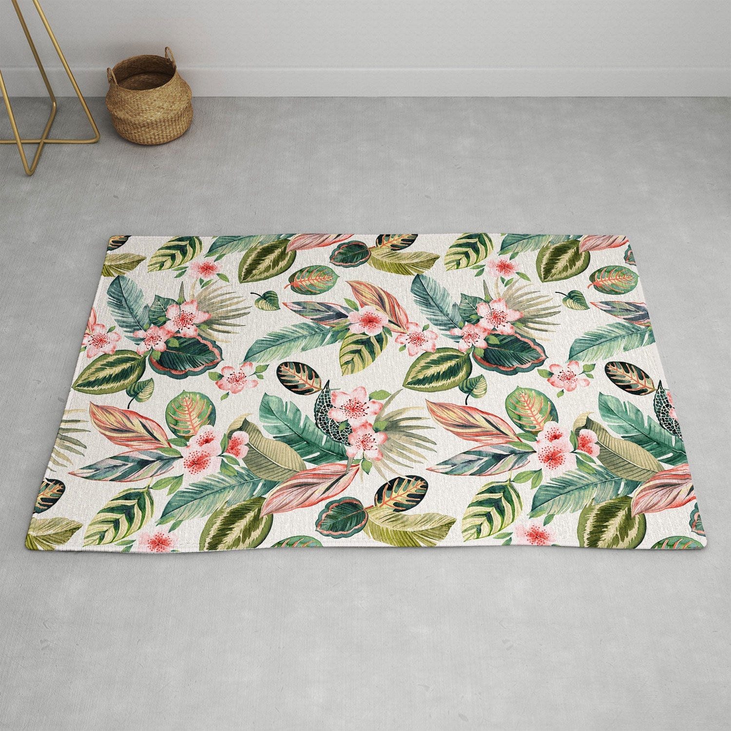 Ninola Design Botanic Retreat Tropical Leaves Flowers Pink Green Area Rug