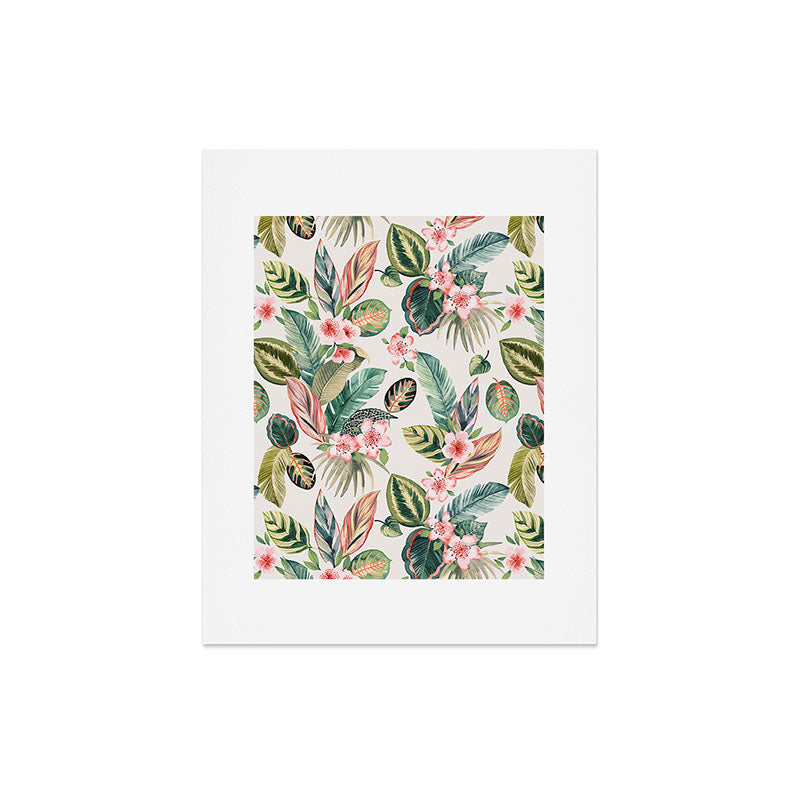 Ninola Design Botanic Retreat Tropical Leaves Flowers Pink Green Art Print