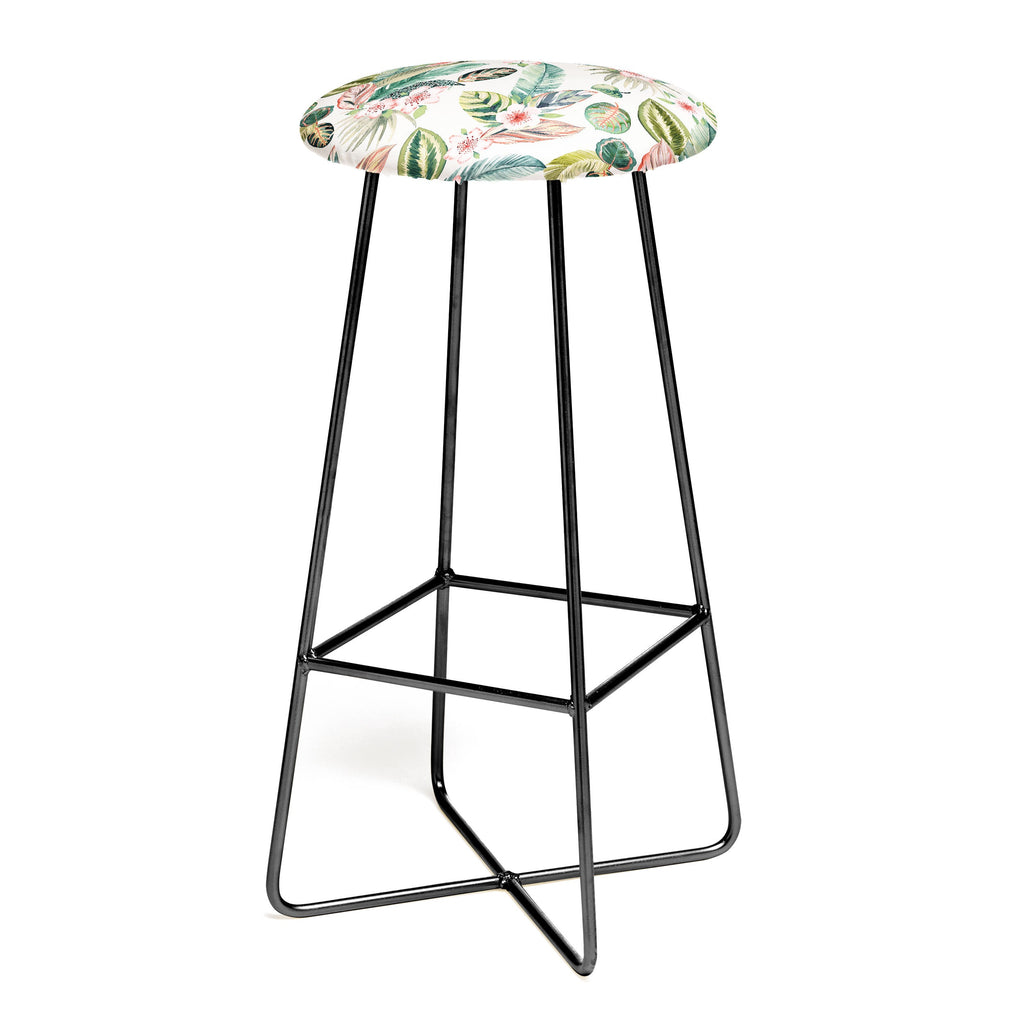 Ninola Design Botanic Retreat Tropical Leaves Flowers Pink Green Bar Stool