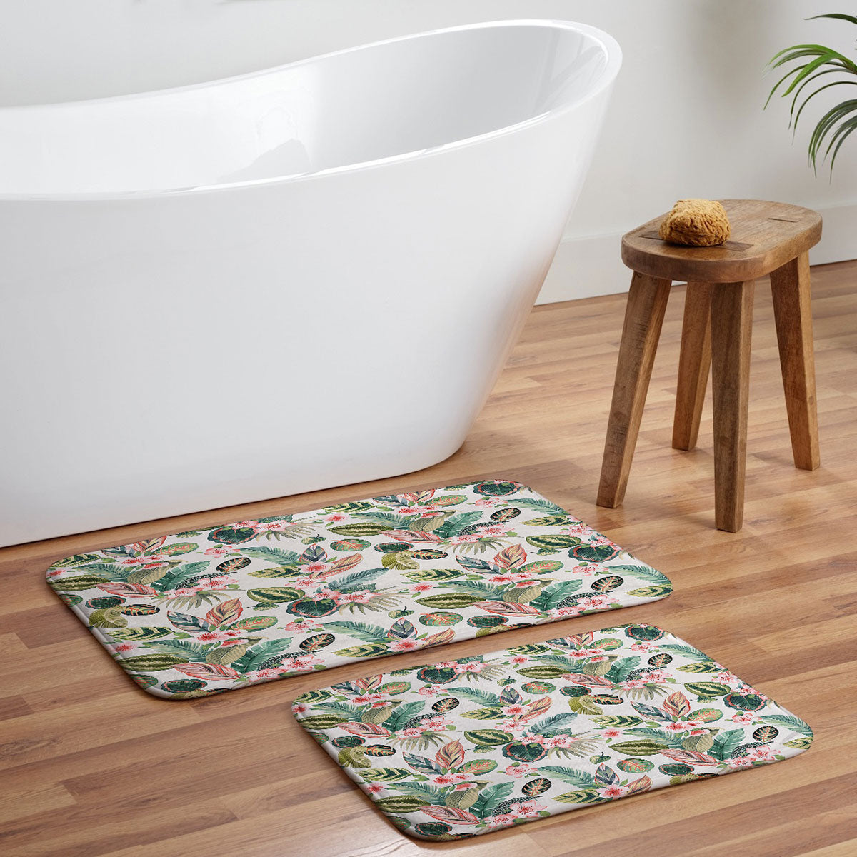 Ninola Design Botanic Retreat Tropical Leaves Flowers Pink Green Memory Foam Bath Mat