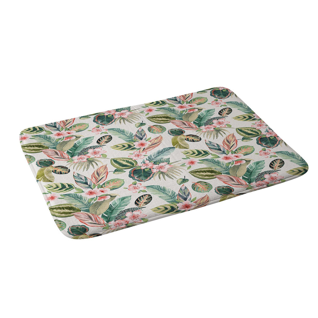 Ninola Design Botanic Retreat Tropical Leaves Flowers Pink Green Memory Foam Bath Mat