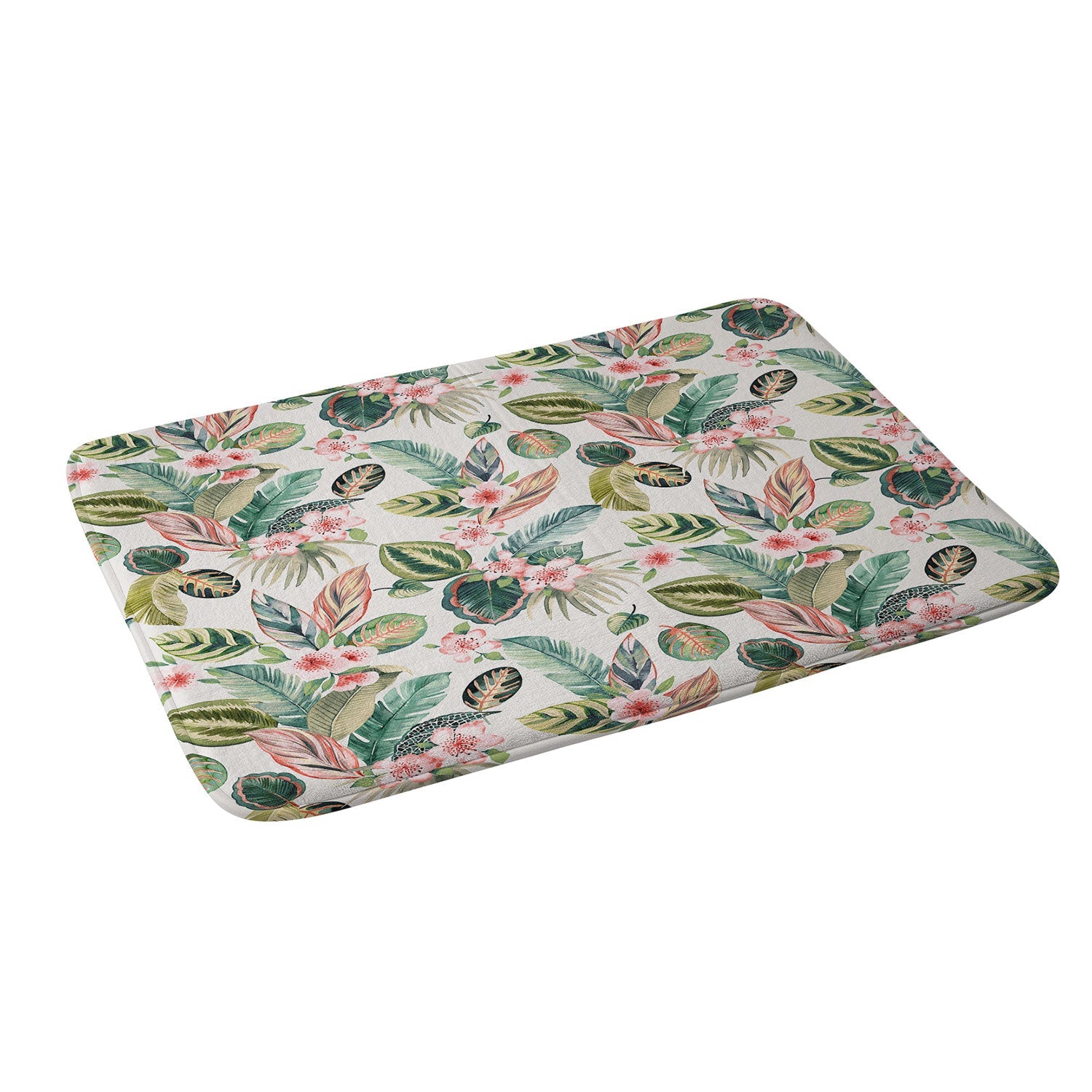 Ninola Design Botanic Retreat Tropical Leaves Flowers Pink Green Memory Foam Bath Mat