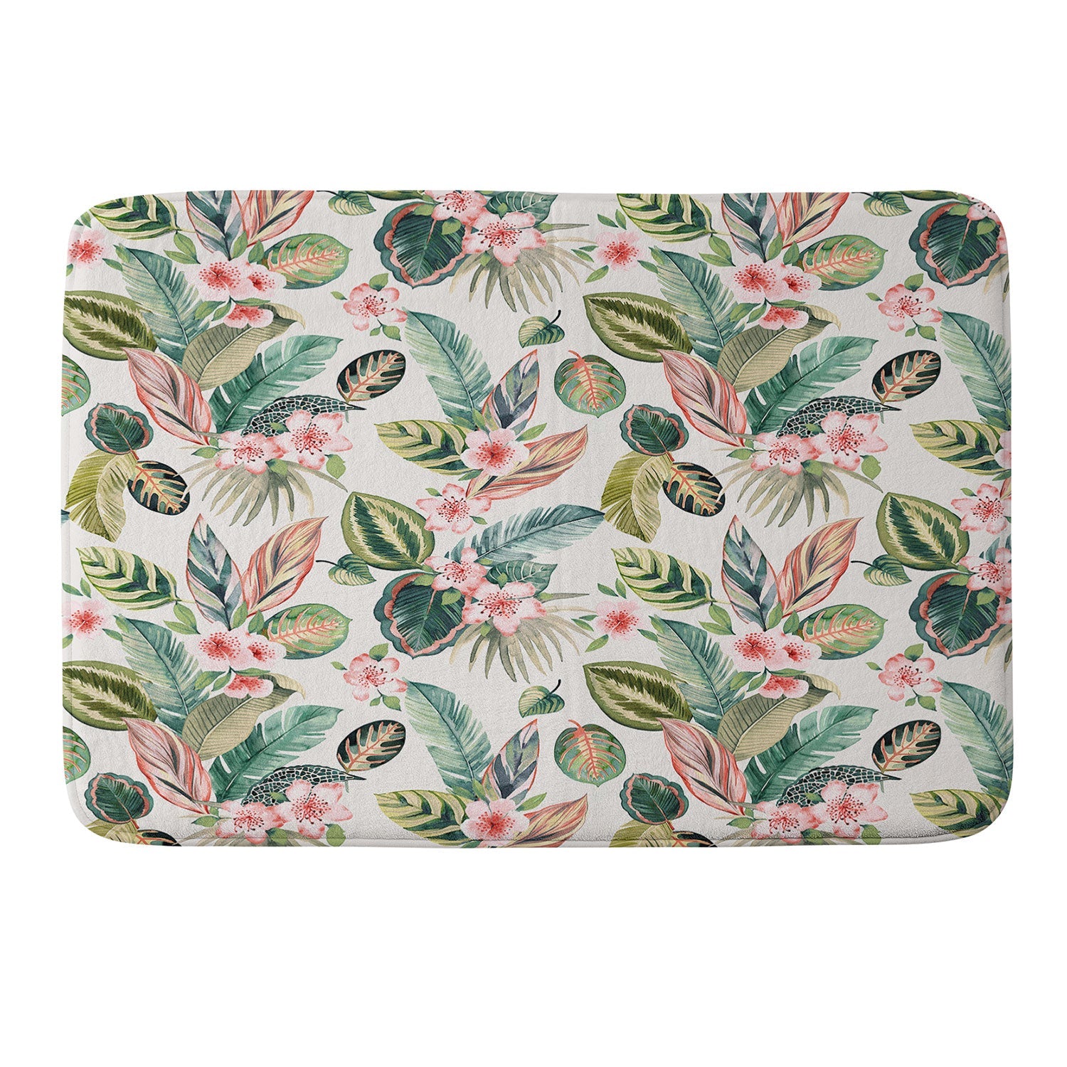 Ninola Design Botanic Retreat Tropical Leaves Flowers Pink Green Memory Foam Bath Mat