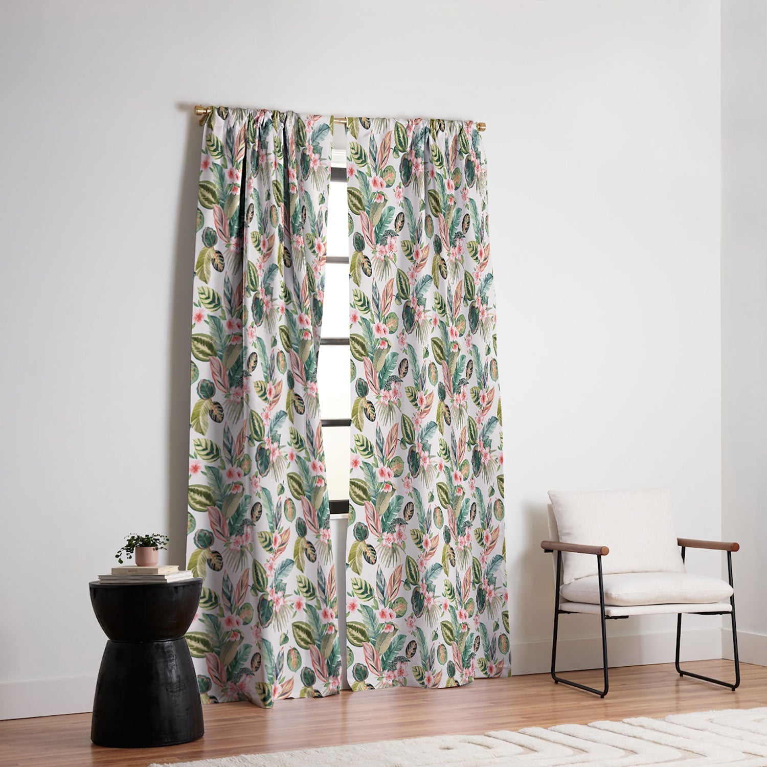 Ninola Design Botanic Retreat Tropical Leaves Flowers Pink Green Blackout Window Curtain