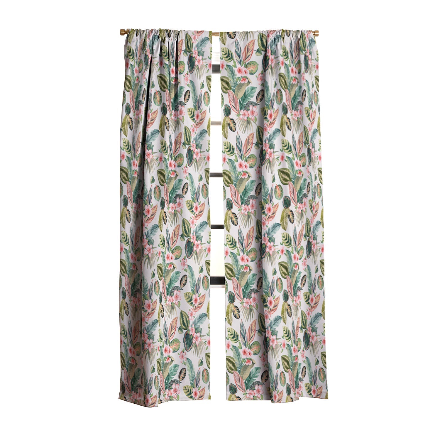 Ninola Design Botanic Retreat Tropical Leaves Flowers Pink Green Blackout Window Curtain