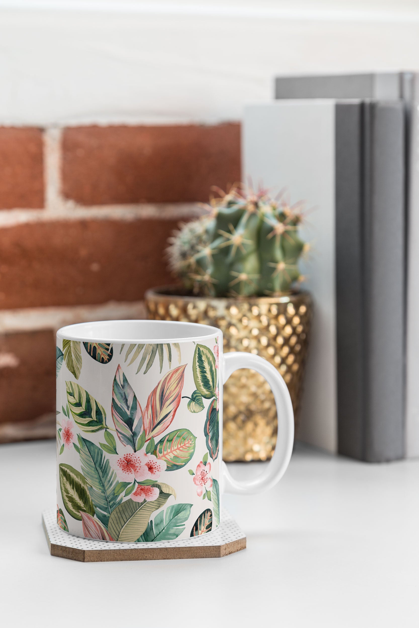 Ninola Design Botanic Retreat Tropical Leaves Flowers Pink Green Coffee Mug