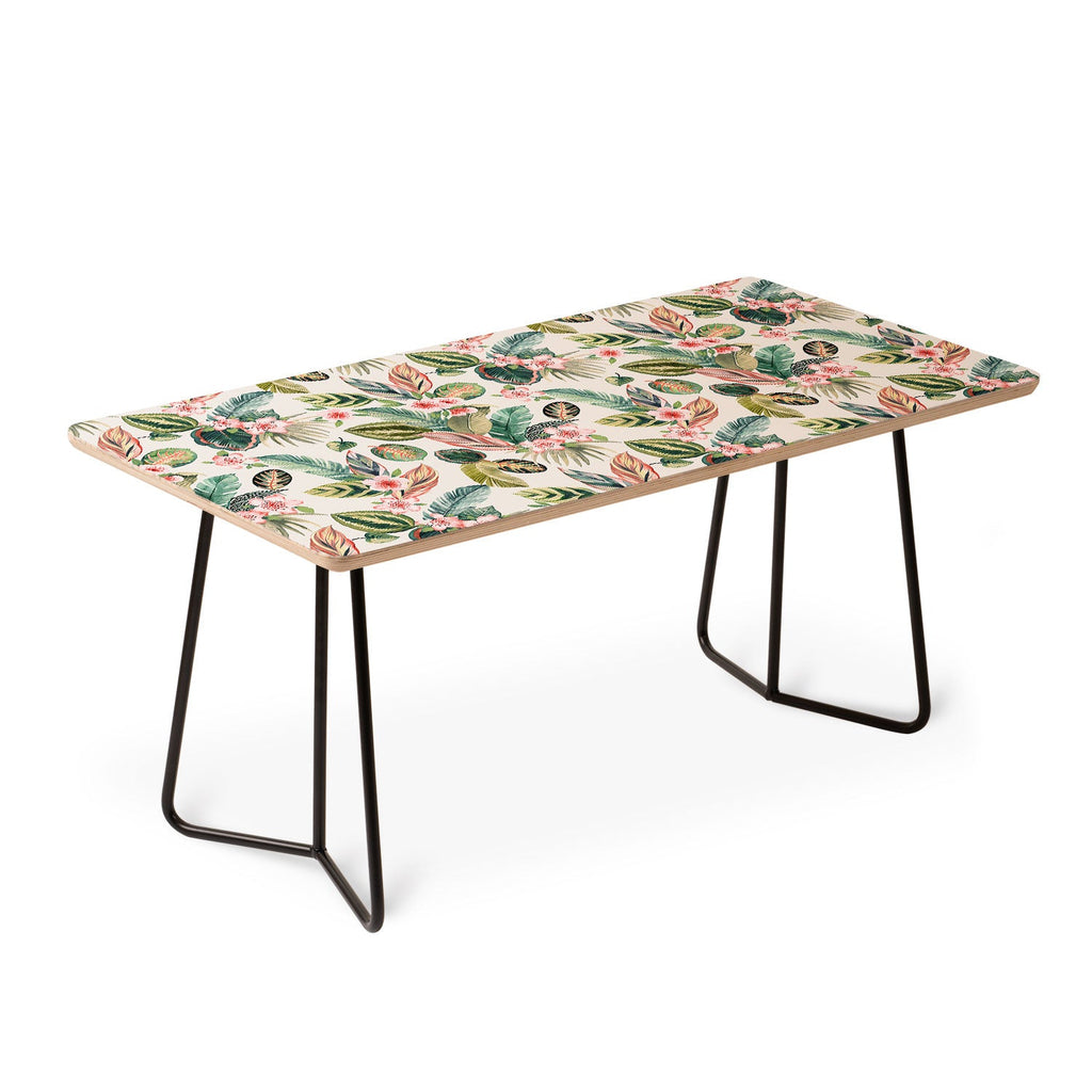 Ninola Design Botanic Retreat Tropical Leaves Flowers Pink Green Coffee Table