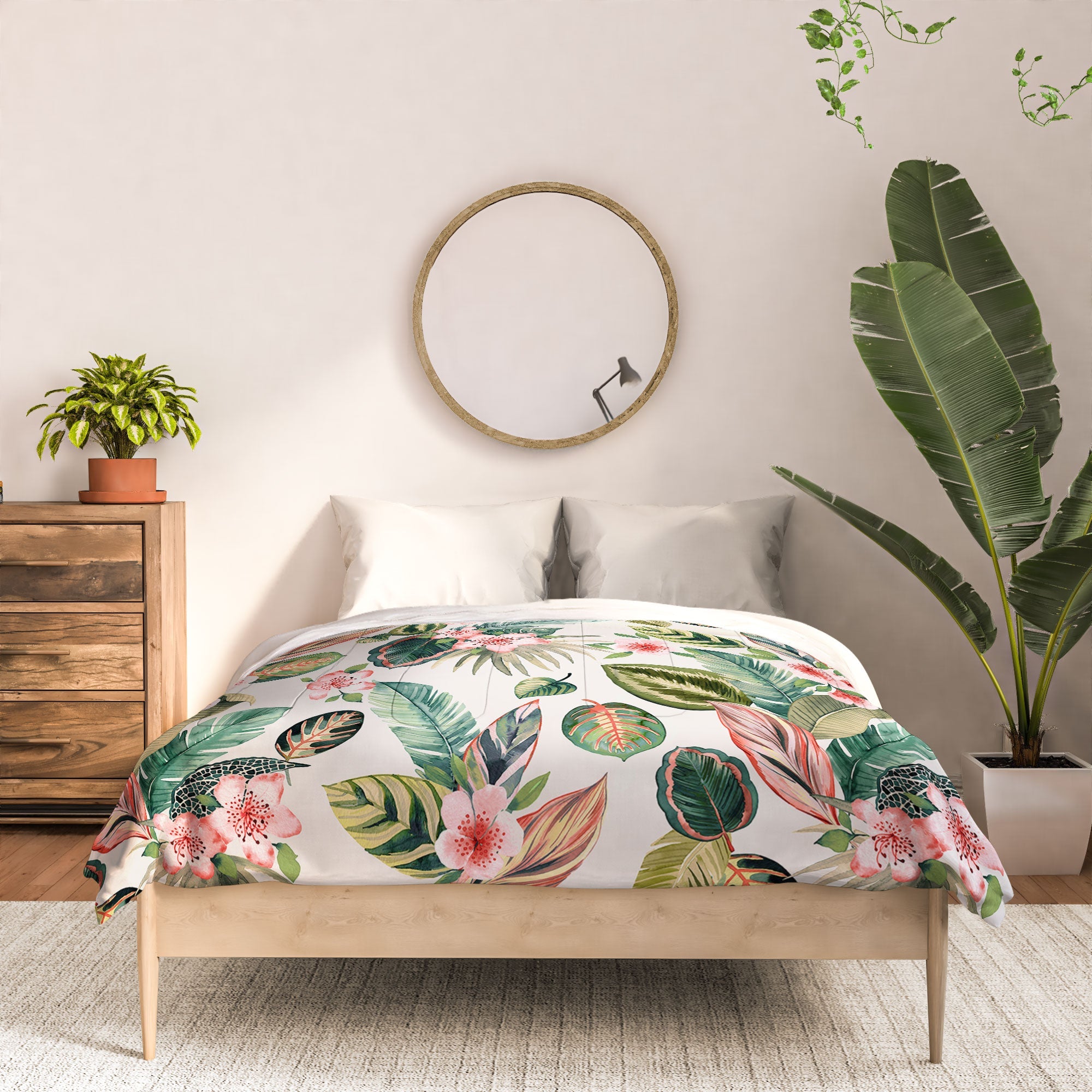 Ninola Design Botanic Retreat Tropical Leaves Flowers Pink Green Comforter