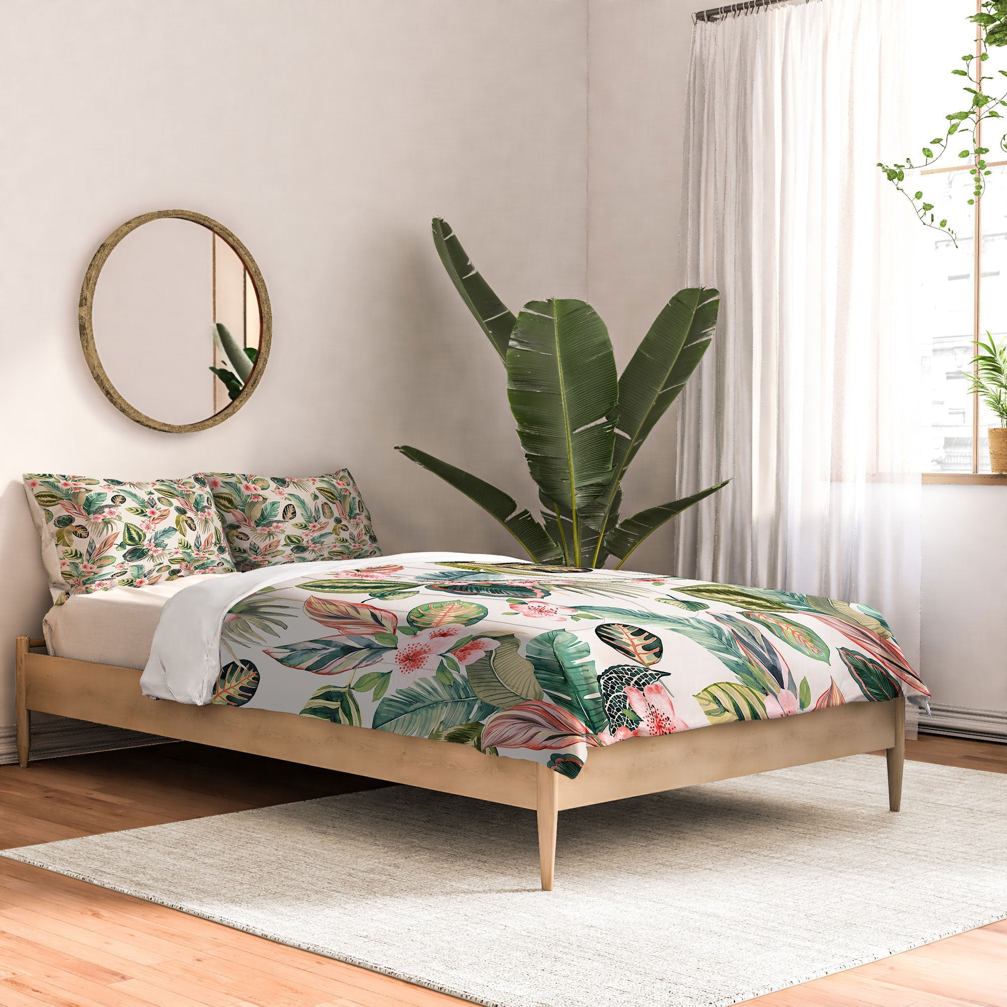 Ninola Design Botanic Retreat Tropical Leaves Flowers Pink Green Comforter