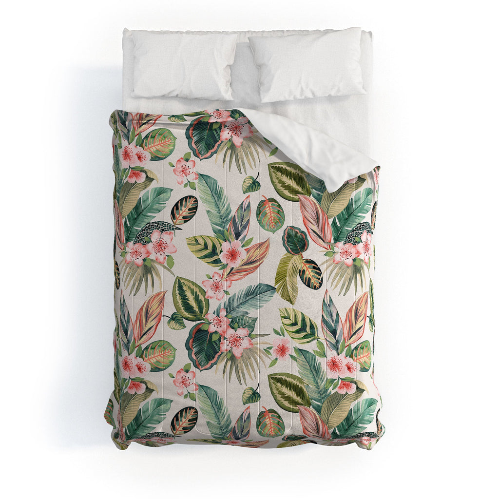 Ninola Design Botanic Retreat Tropical Leaves Flowers Pink Green Comforter