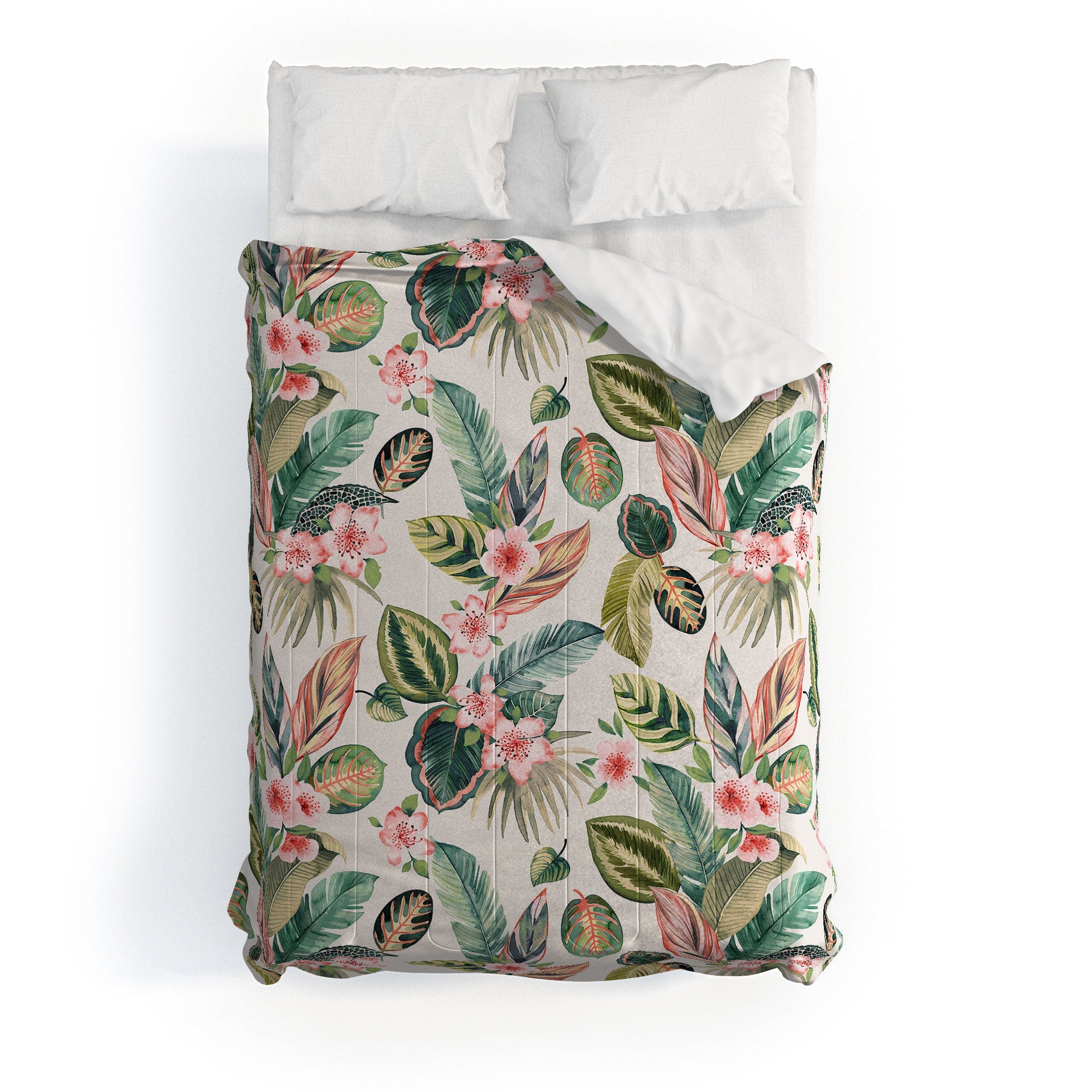 Ninola Design Botanic Retreat Tropical Leaves Flowers Pink Green Comforter
