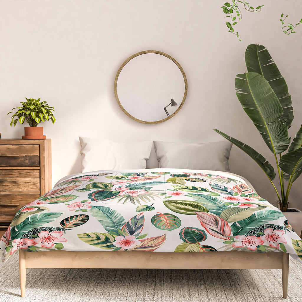 Ninola Design Botanic Retreat Tropical Leaves Flowers Pink Green Comforter