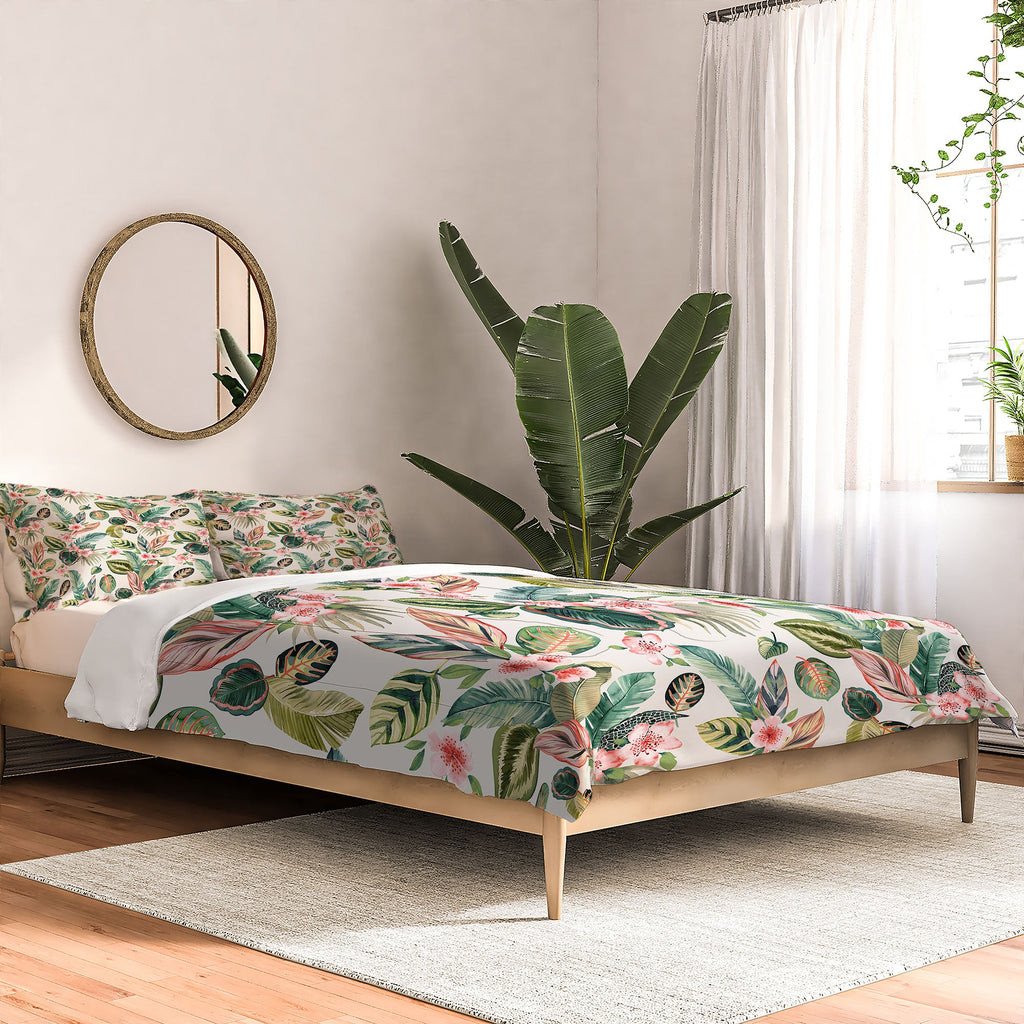 Ninola Design Botanic Retreat Tropical Leaves Flowers Pink Green Comforter