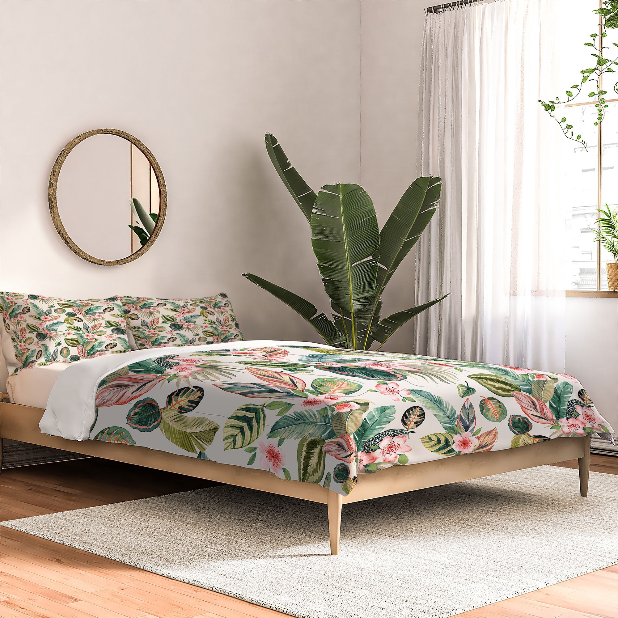 Ninola Design Botanic Retreat Tropical Leaves Flowers Pink Green Comforter