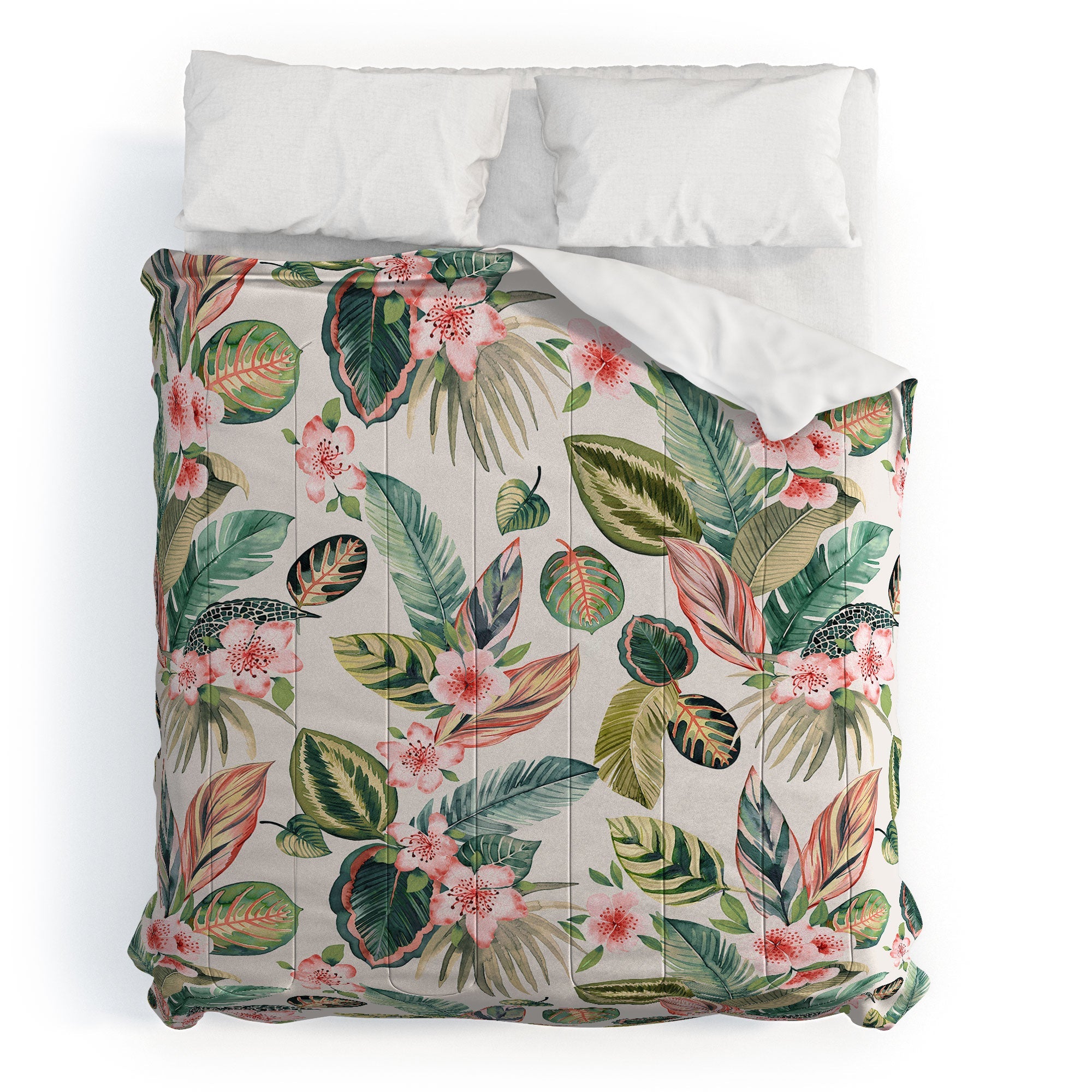 Ninola Design Botanic Retreat Tropical Leaves Flowers Pink Green Comforter