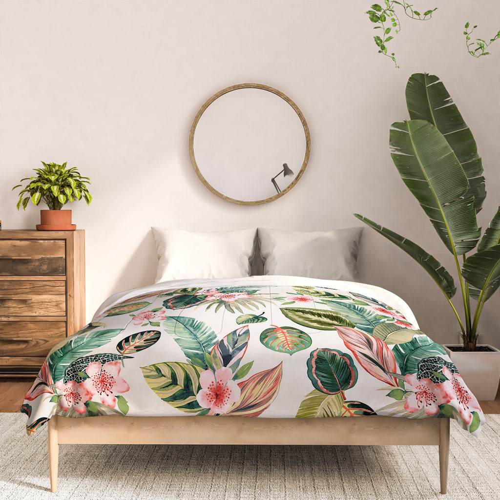 Ninola Design Botanic Retreat Tropical Leaves Flowers Pink Green Comforter