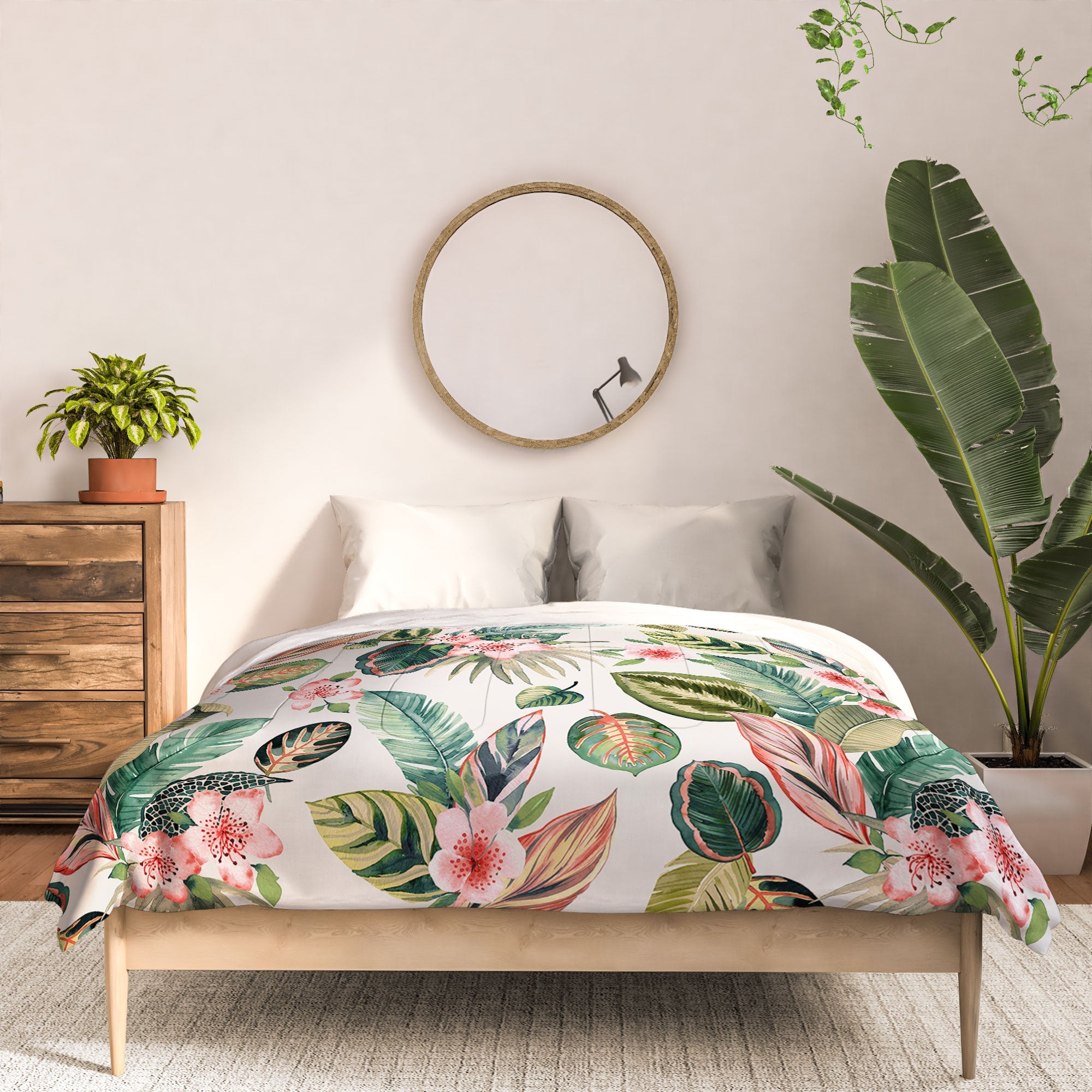 Ninola Design Botanic Retreat Tropical Leaves Flowers Pink Green Comforter