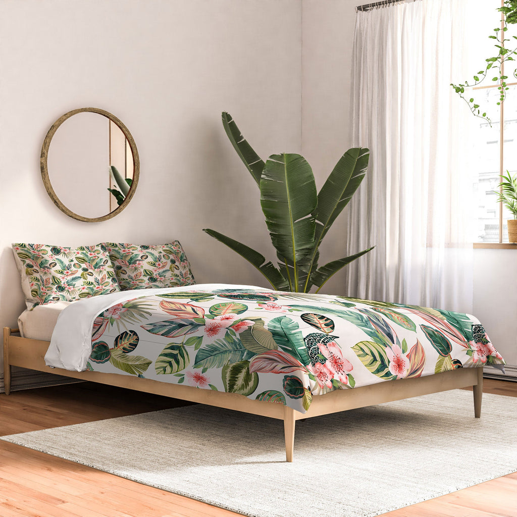 Ninola Design Botanic Retreat Tropical Leaves Flowers Pink Green Comforter