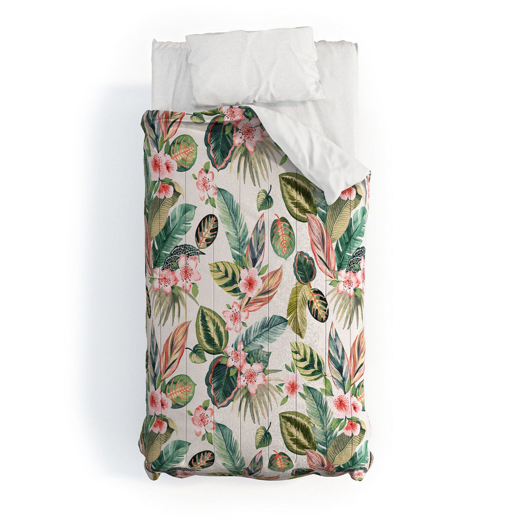 Ninola Design Botanic Retreat Tropical Leaves Flowers Pink Green Comforter