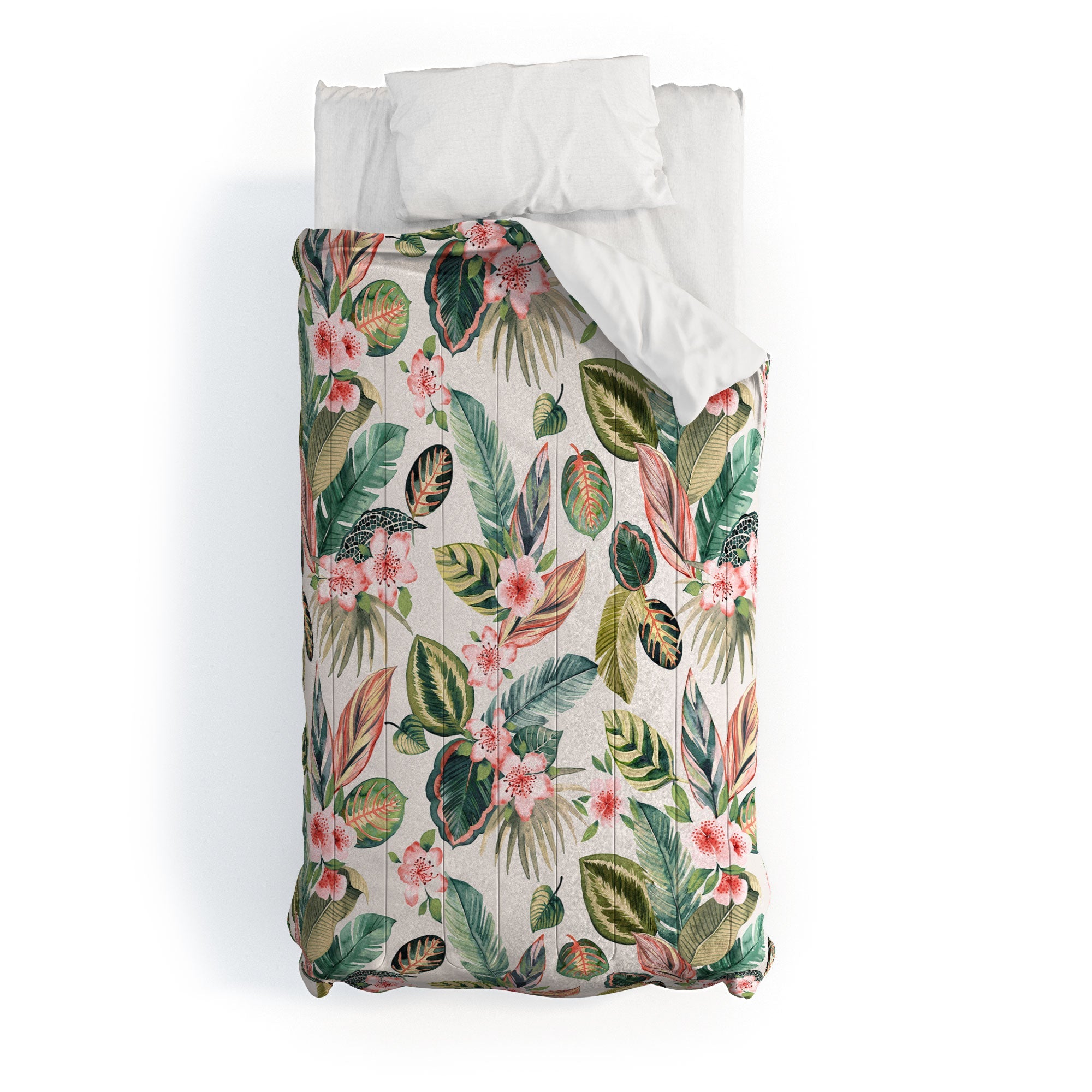 Ninola Design Botanic Retreat Tropical Leaves Flowers Pink Green Comforter
