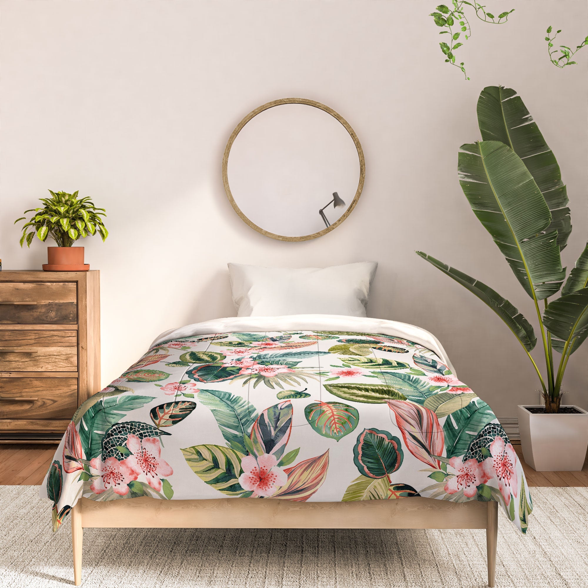 Ninola Design Botanic Retreat Tropical Leaves Flowers Pink Green Comforter