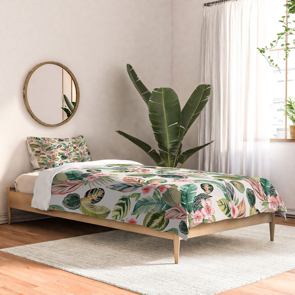 Ninola Design Botanic Retreat Tropical Leaves Flowers Pink Green Comforter