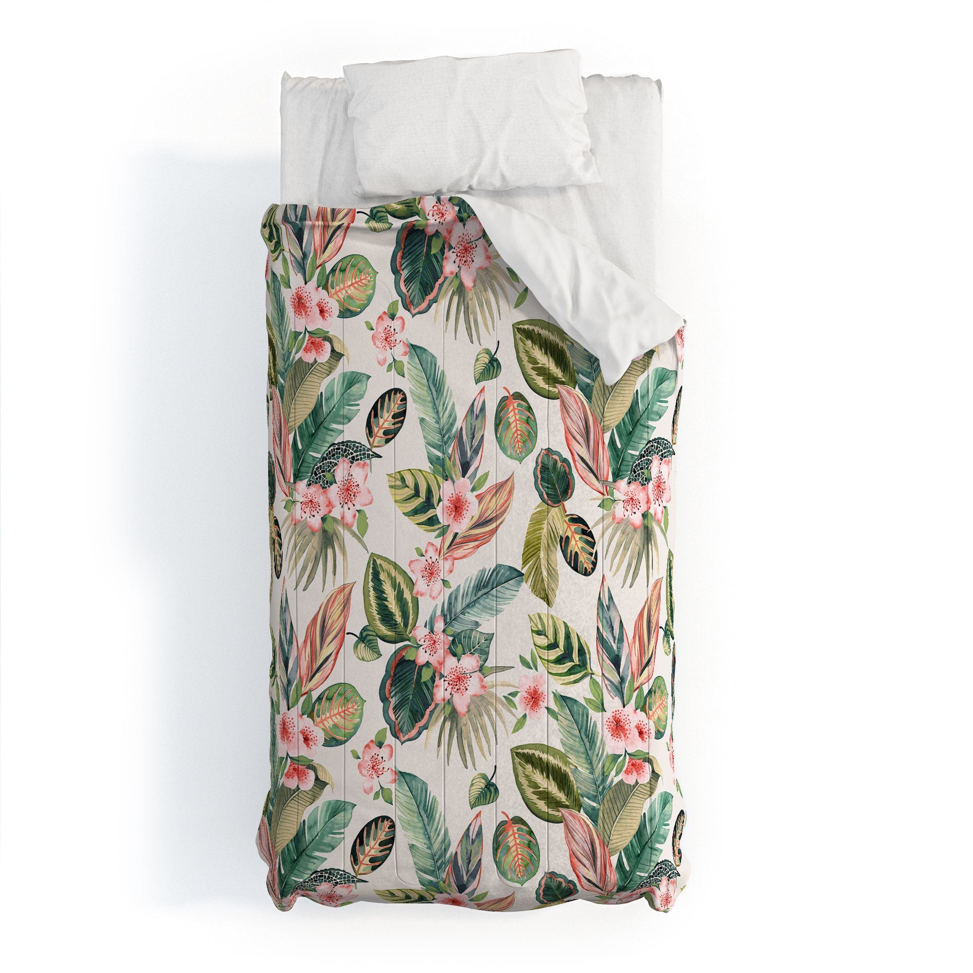 Ninola Design Botanic Retreat Tropical Leaves Flowers Pink Green Comforter