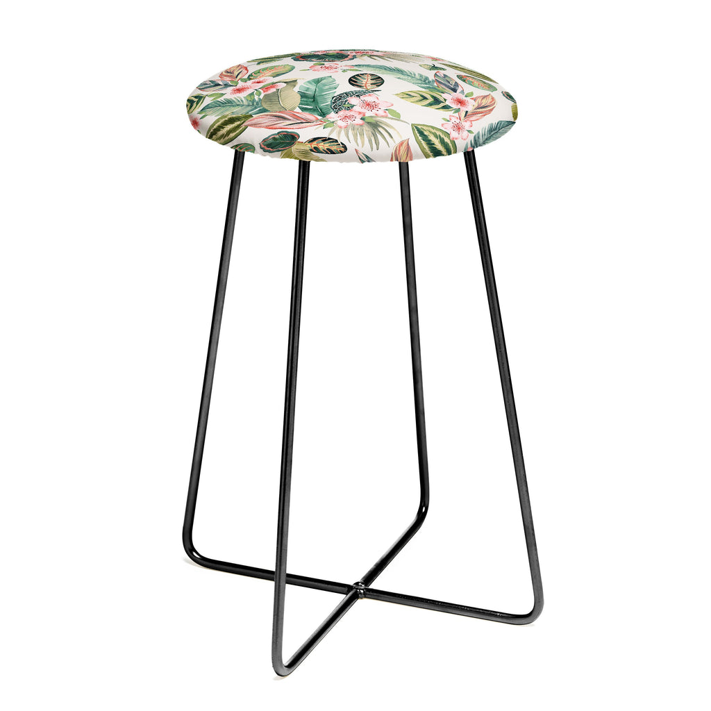 Ninola Design Botanic Retreat Tropical Leaves Flowers Pink Green Counter Stool