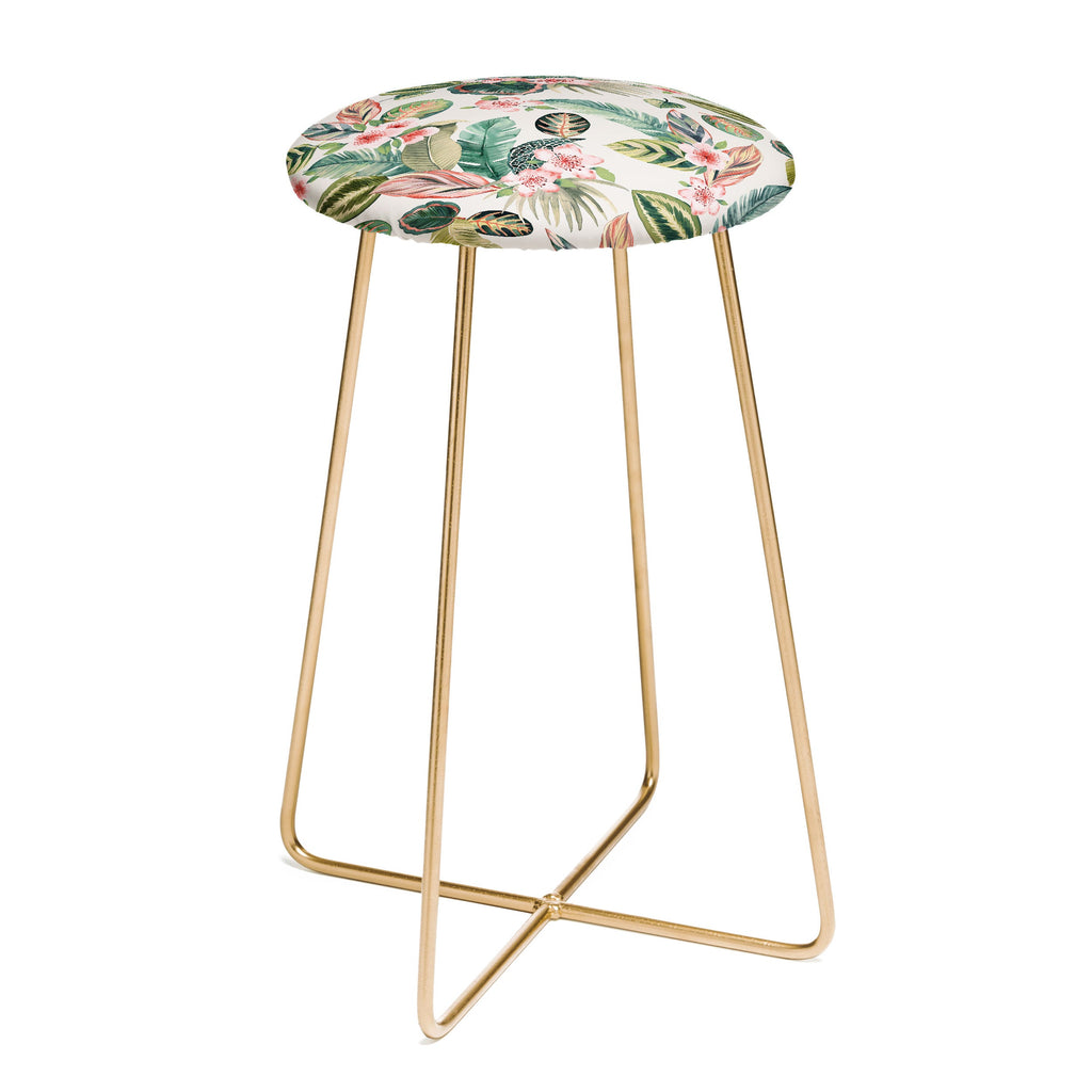 Ninola Design Botanic Retreat Tropical Leaves Flowers Pink Green Counter Stool