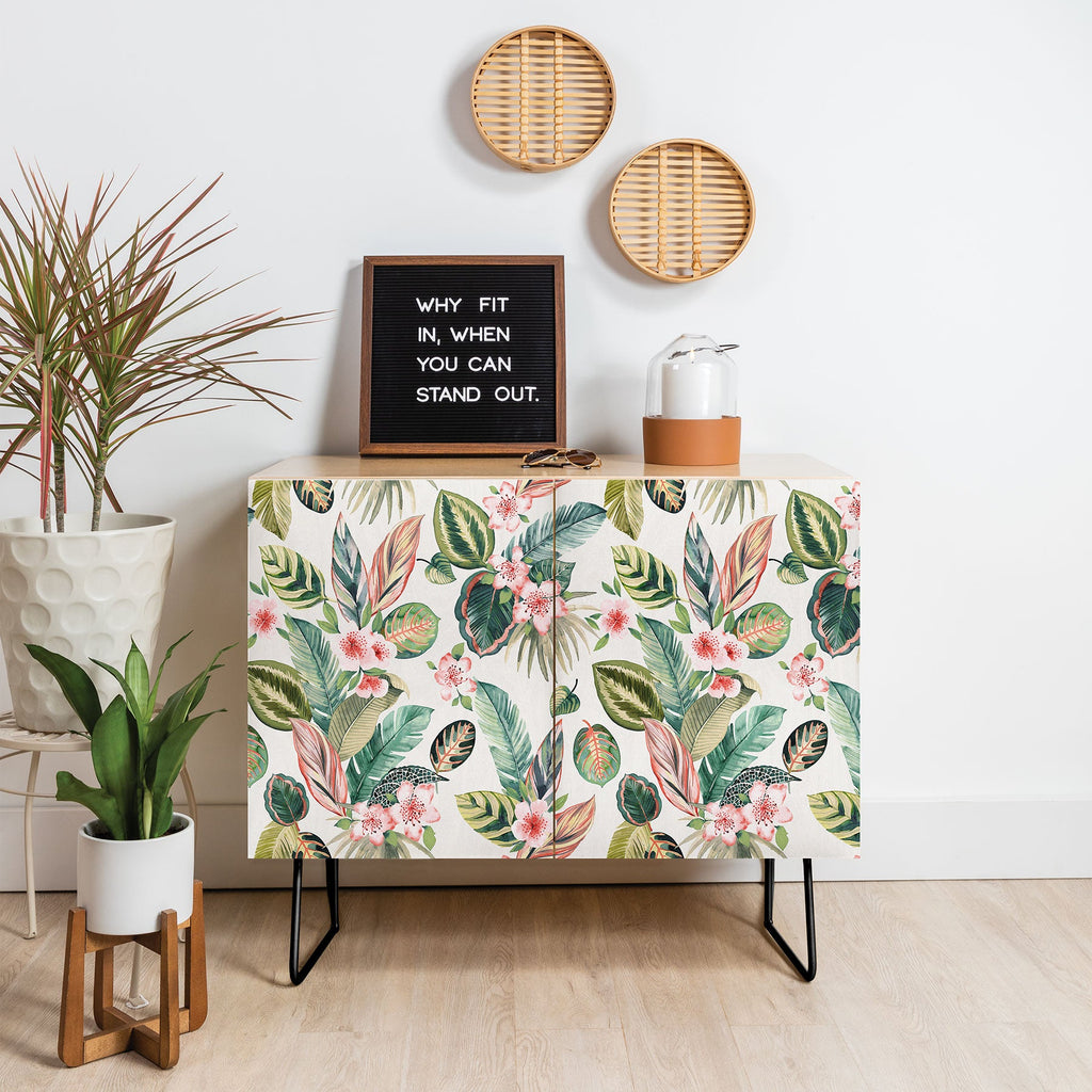 Ninola Design Botanic Retreat Tropical Leaves Flowers Pink Green Credenza