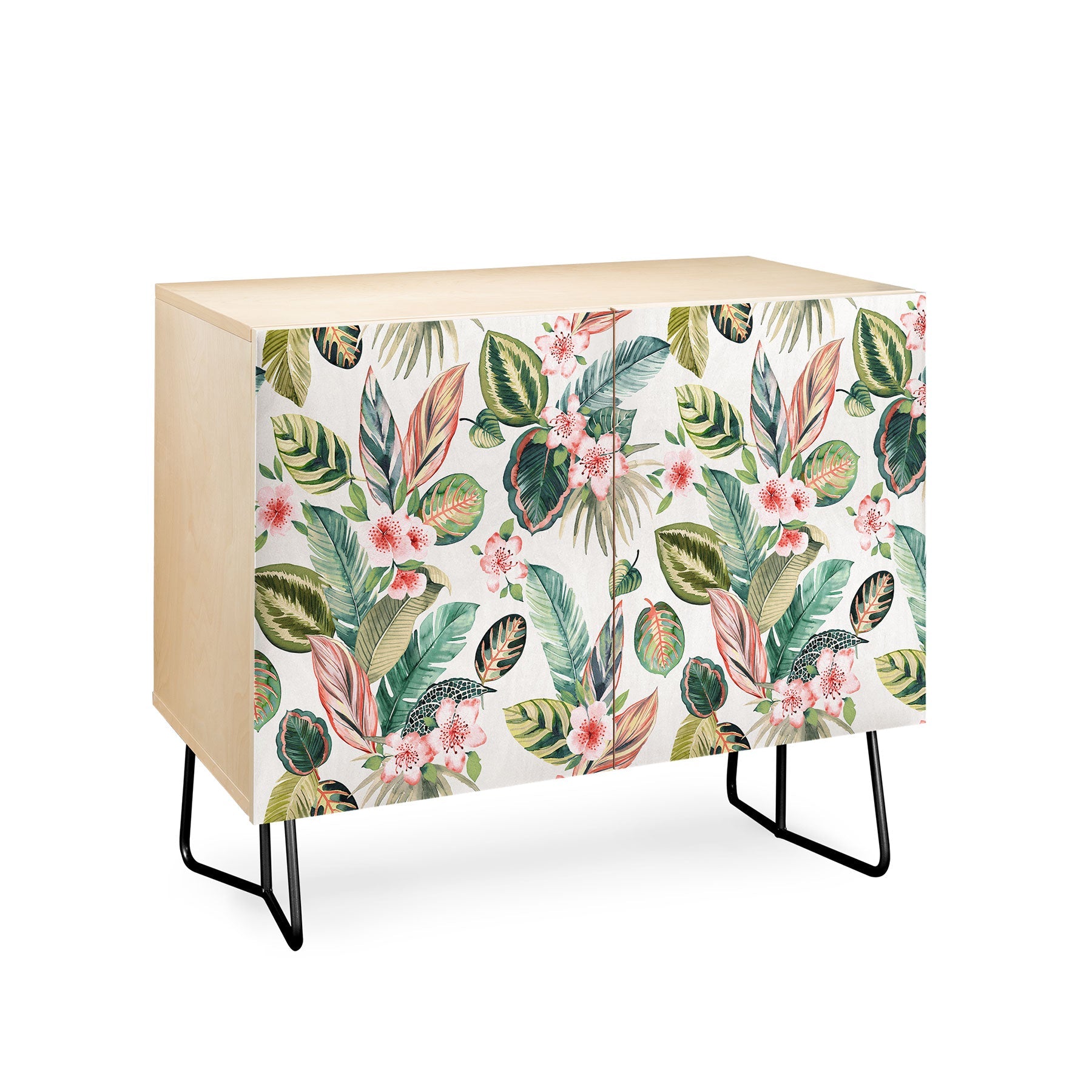 Ninola Design Botanic Retreat Tropical Leaves Flowers Pink Green Credenza