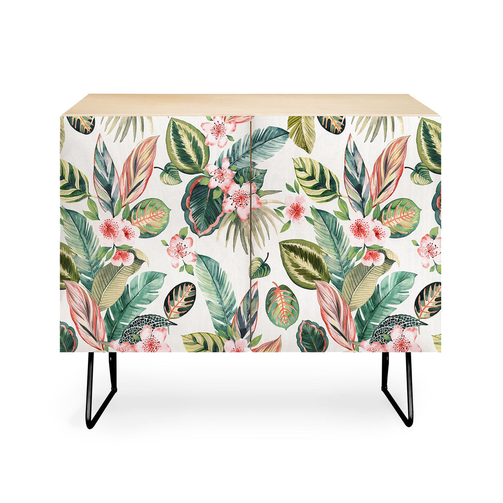 Ninola Design Botanic Retreat Tropical Leaves Flowers Pink Green Credenza