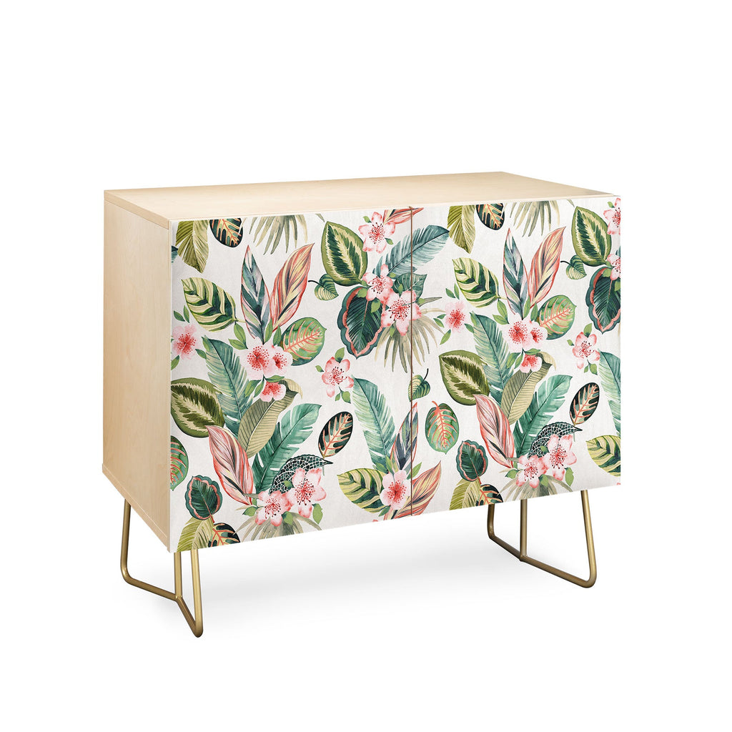 Ninola Design Botanic Retreat Tropical Leaves Flowers Pink Green Credenza