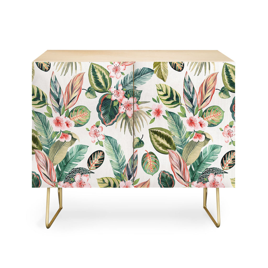 Ninola Design Botanic Retreat Tropical Leaves Flowers Pink Green Credenza