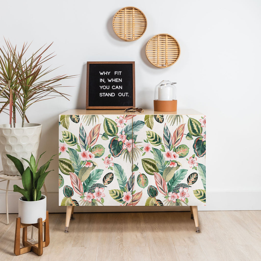 Ninola Design Botanic Retreat Tropical Leaves Flowers Pink Green Credenza