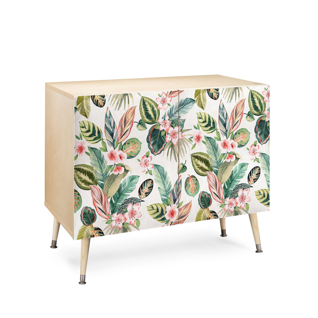 Ninola Design Botanic Retreat Tropical Leaves Flowers Pink Green Credenza