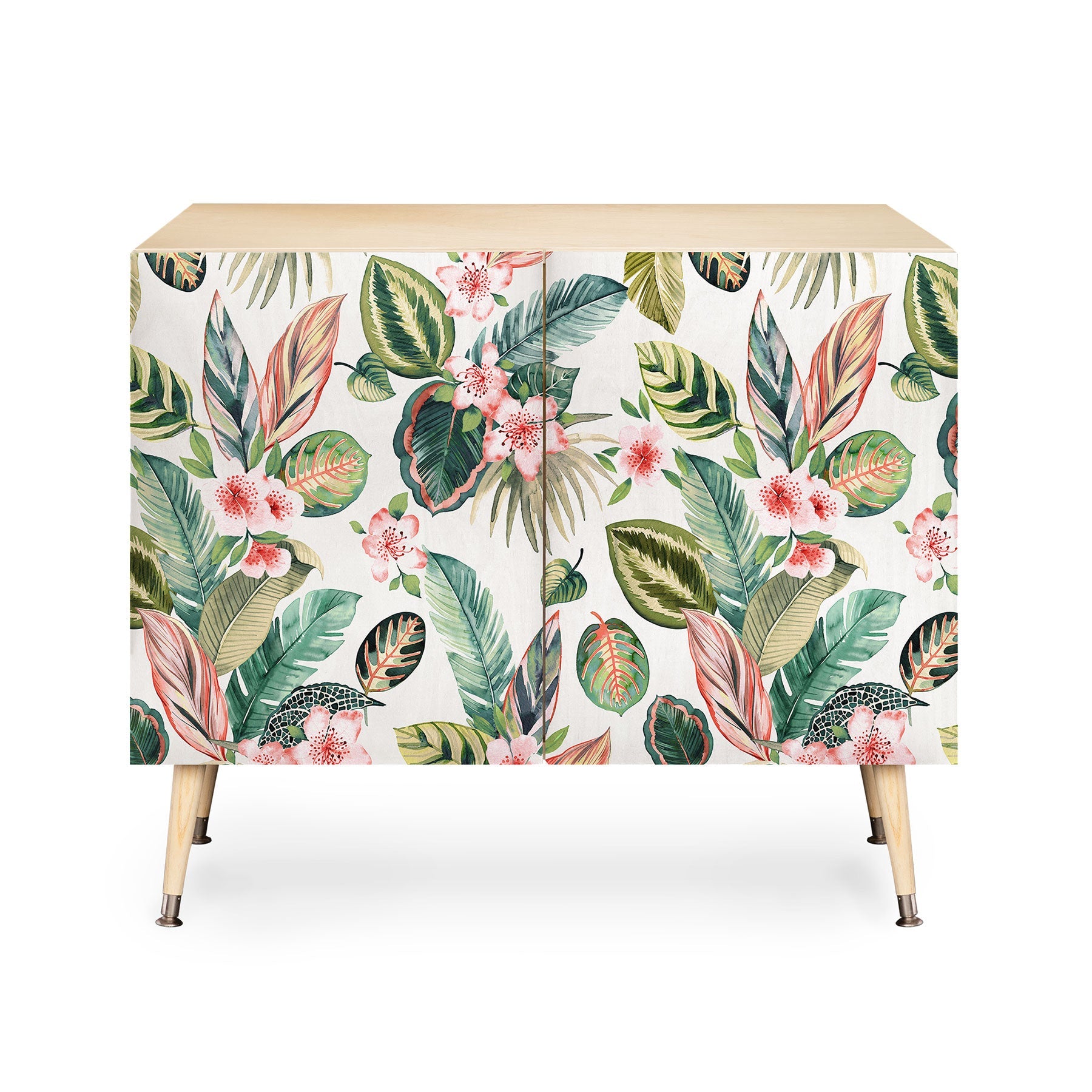Ninola Design Botanic Retreat Tropical Leaves Flowers Pink Green Credenza