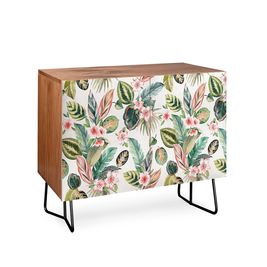 Ninola Design Botanic Retreat Tropical Leaves Flowers Pink Green Credenza