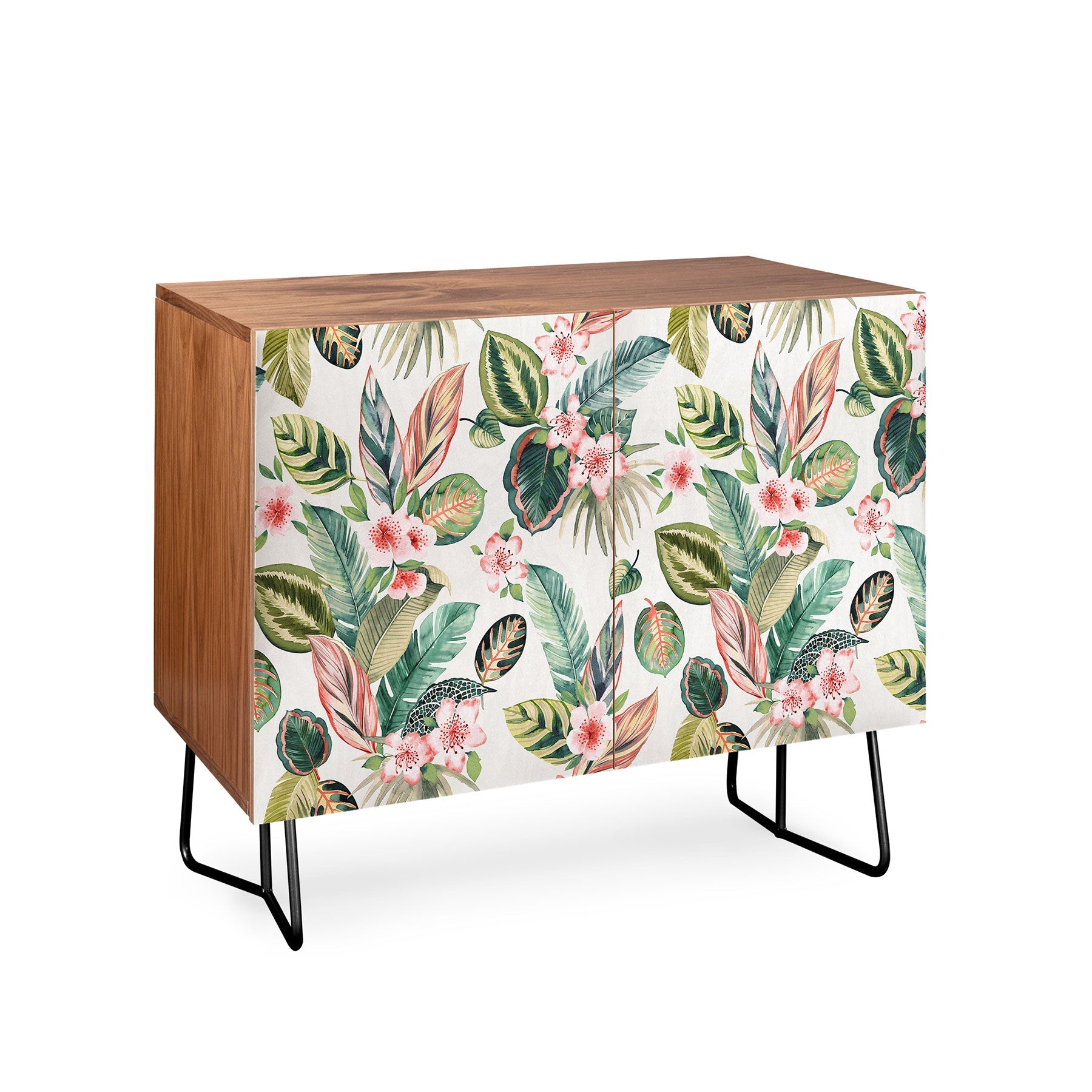 Ninola Design Botanic Retreat Tropical Leaves Flowers Pink Green Credenza